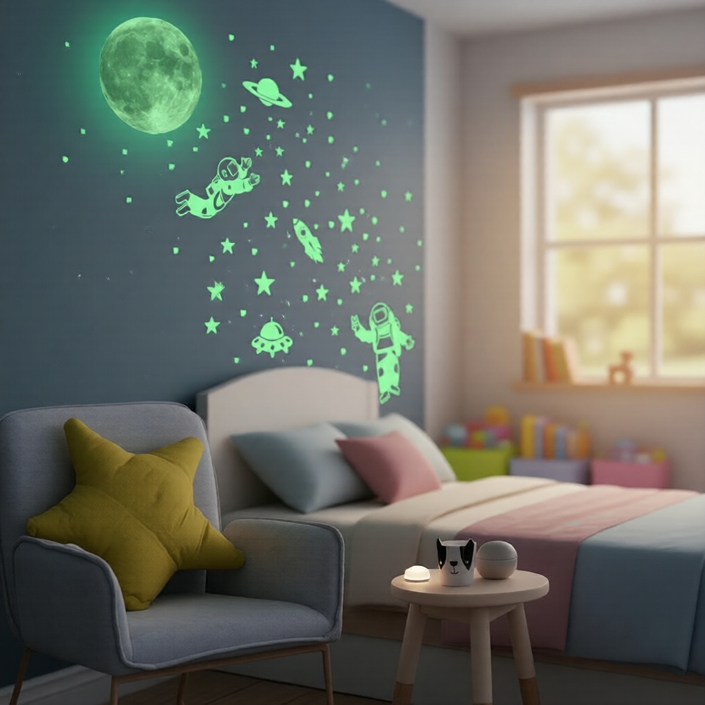 สติ๊กเกอร์ติดผนังลายการ์ตูนนักบินอวกาศดวงจันทร์ดาวเรืองแสงในที่มืดสําหรับเด็กห้องนอน 1 ชิ้น
