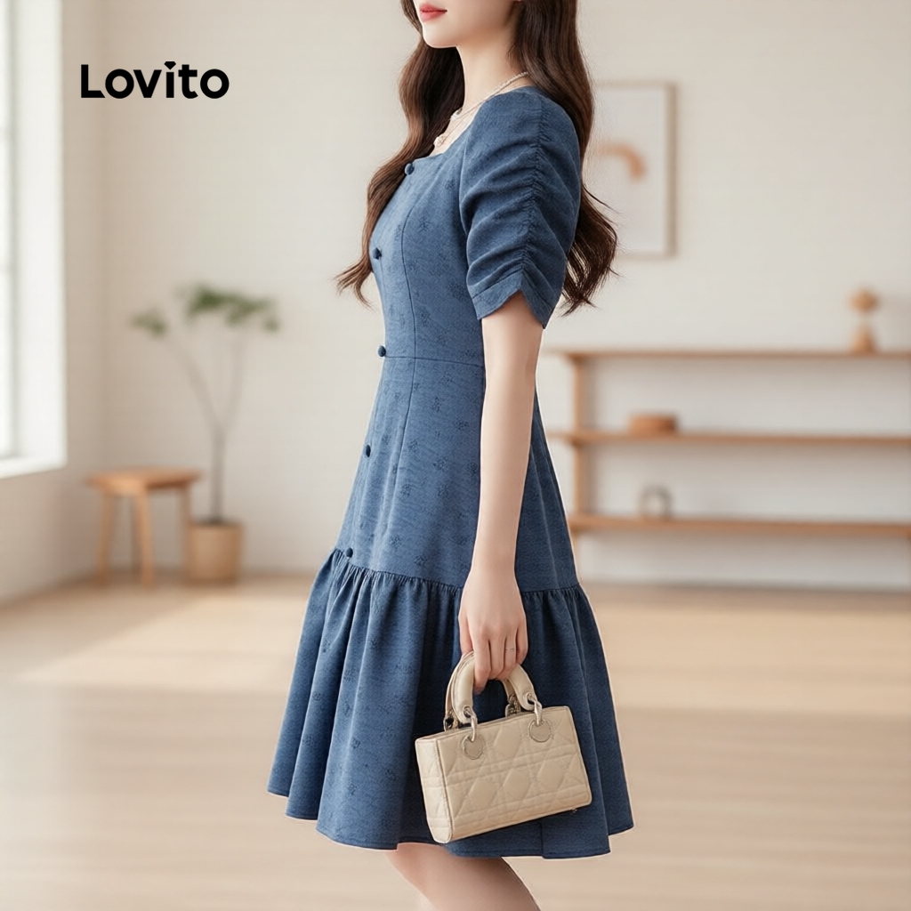 Lovito สง่างาม เดรสสีฟ้ารุ่นใหม่ ฤดูใบไม้ผลิ/ฤดูร้อน ตกแต่งระบายและดอกไม้ ใส่สบายสไตล์แฟชั่น L172ED280
