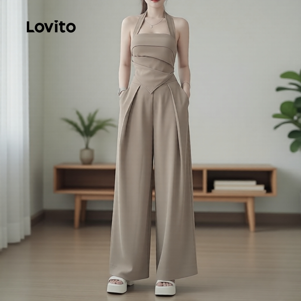 (แคชชวล) Lovito  เสื้อหรือกางเกงดีไซน์ชายไม่เท่ากันสําหรับฤดูใบไม้ผลิ/ฤดูร้อน สีคากิ สําหรับผู้หญิง LK3ED622