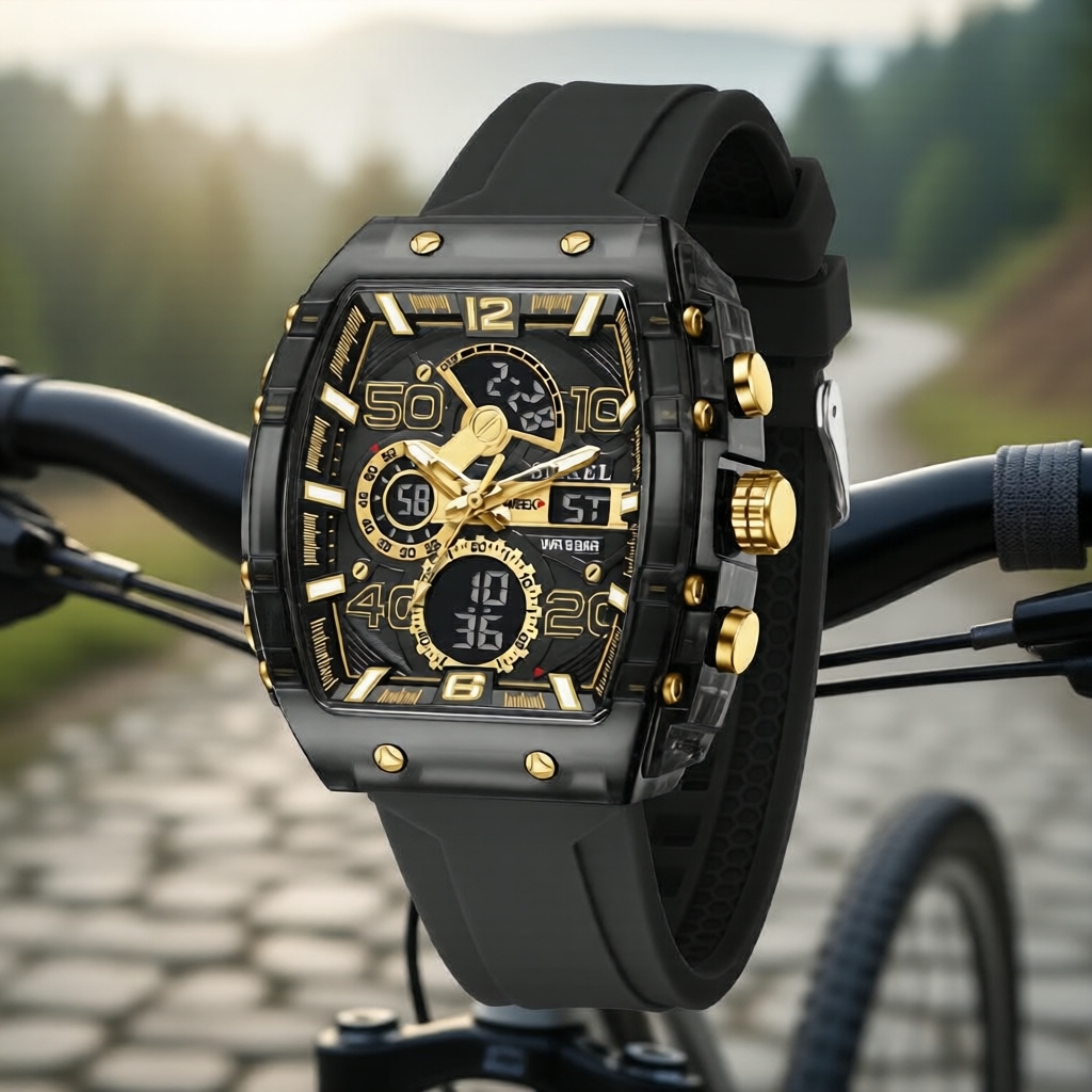 SMAEL 8109 บาร์เรล หน้าปัดผู้ชาย, กระจกโค้ง, แบรนด์สปอร์ต, แสดงเวลาคู่ & กันน้ํา