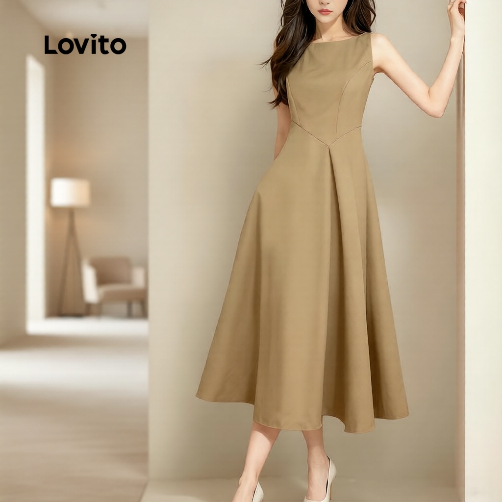 Lovito สง่างาม ชุดเดรสผู้หญิงทรงหรูจับจีบไม่สมมาตร สําหรับใส่ทํางานฤดูใบไม้ผลิ/ฤดูร้อน สีคากิ L171ED1019