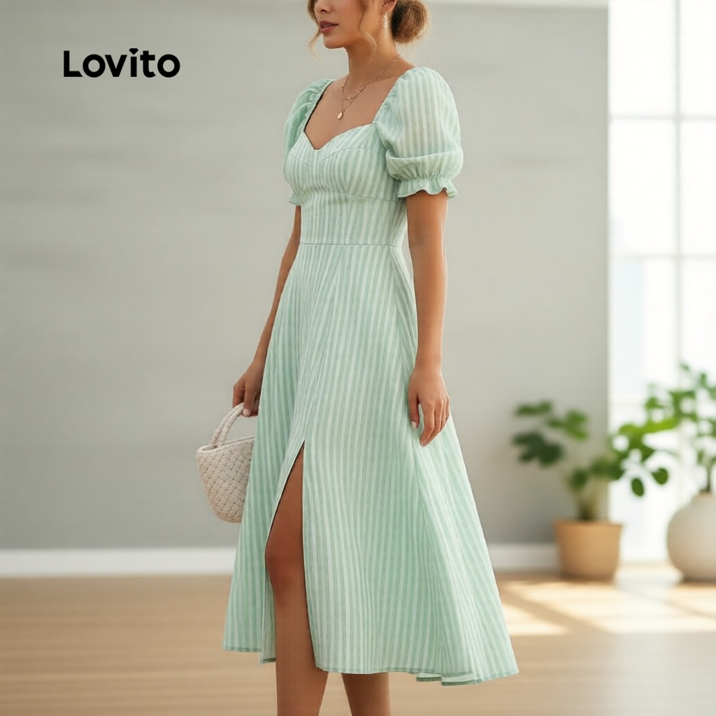 (NEW) Lovito  เดรสสีเขียวสําหรับฤดูใบไม้ผลิ/ฤดูร้อน ซิปแยก สไตล์สง่างาม สําหรับผู้หญิง LBL32215