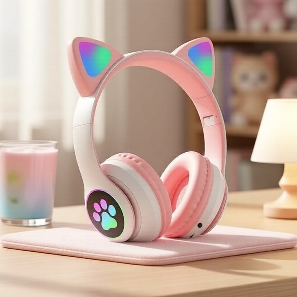 หูฟังหูแมวเรืองแสง SNT28 หูฟังไร้สาย Bluetooth 28 สเตอริโอ แบบคล้องคอ