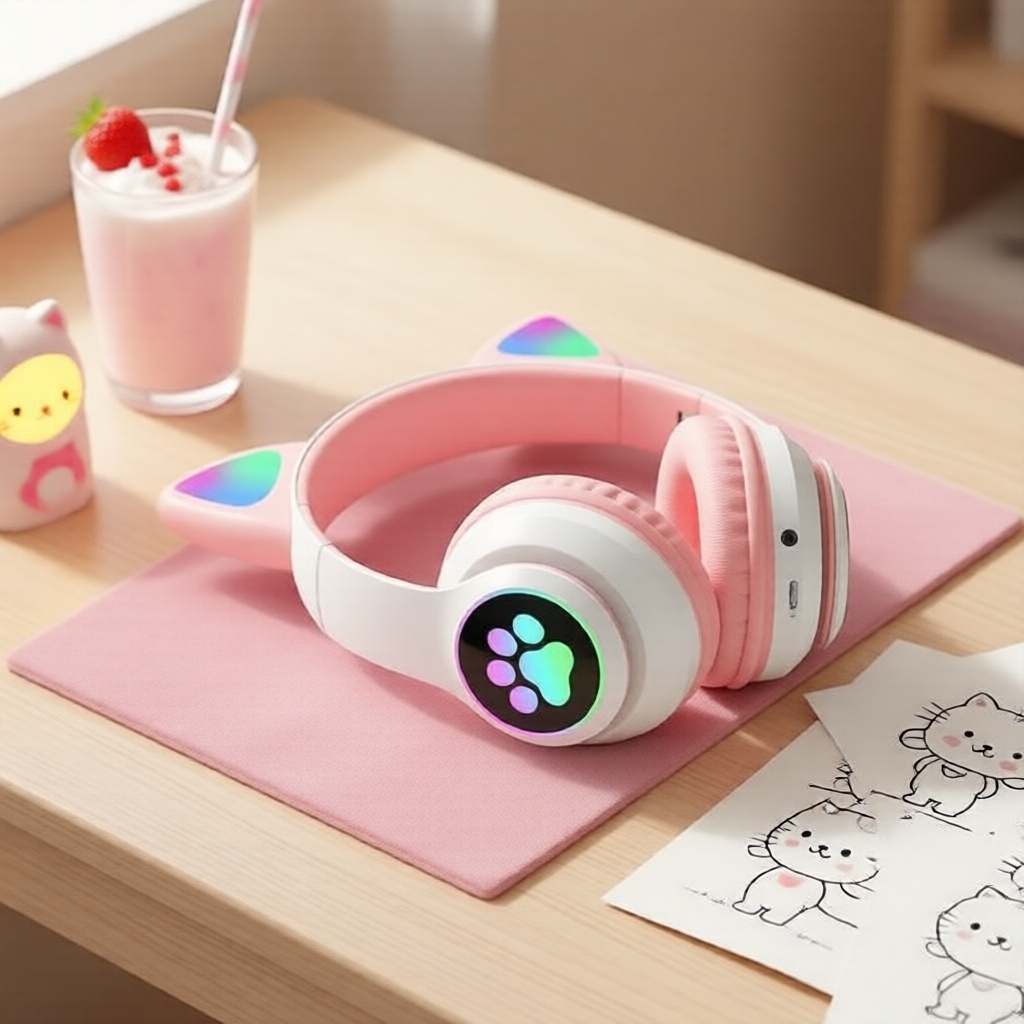 หูฟังเกมมิ่งบลูทูธไร้สายแบบคล้องคอ ไฟกระพริบเท่ๆ รูปหูแมว SNT28 RGB