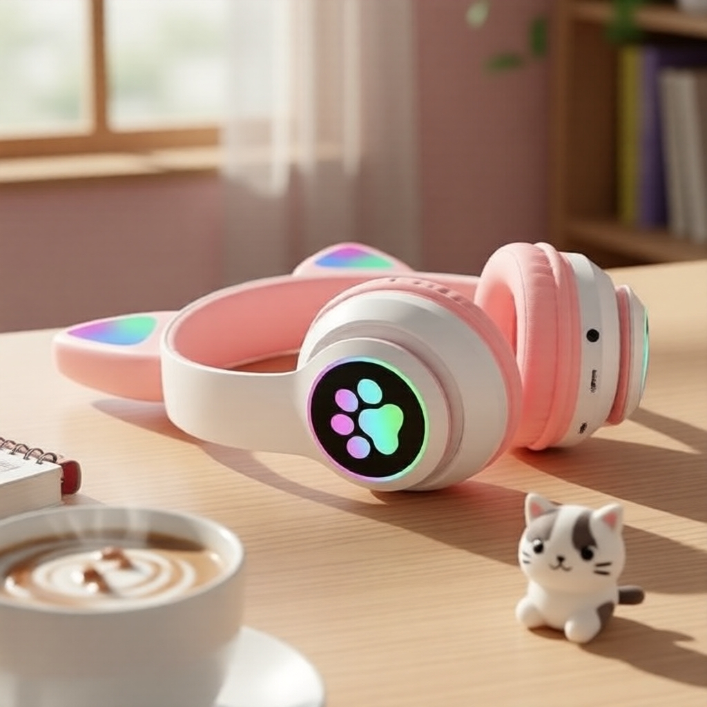 หูฟังไร้สายแบบคล้องคอ 28 Stereo SNT28 ดีไซน์หูแมว มีไฟเรืองแสง