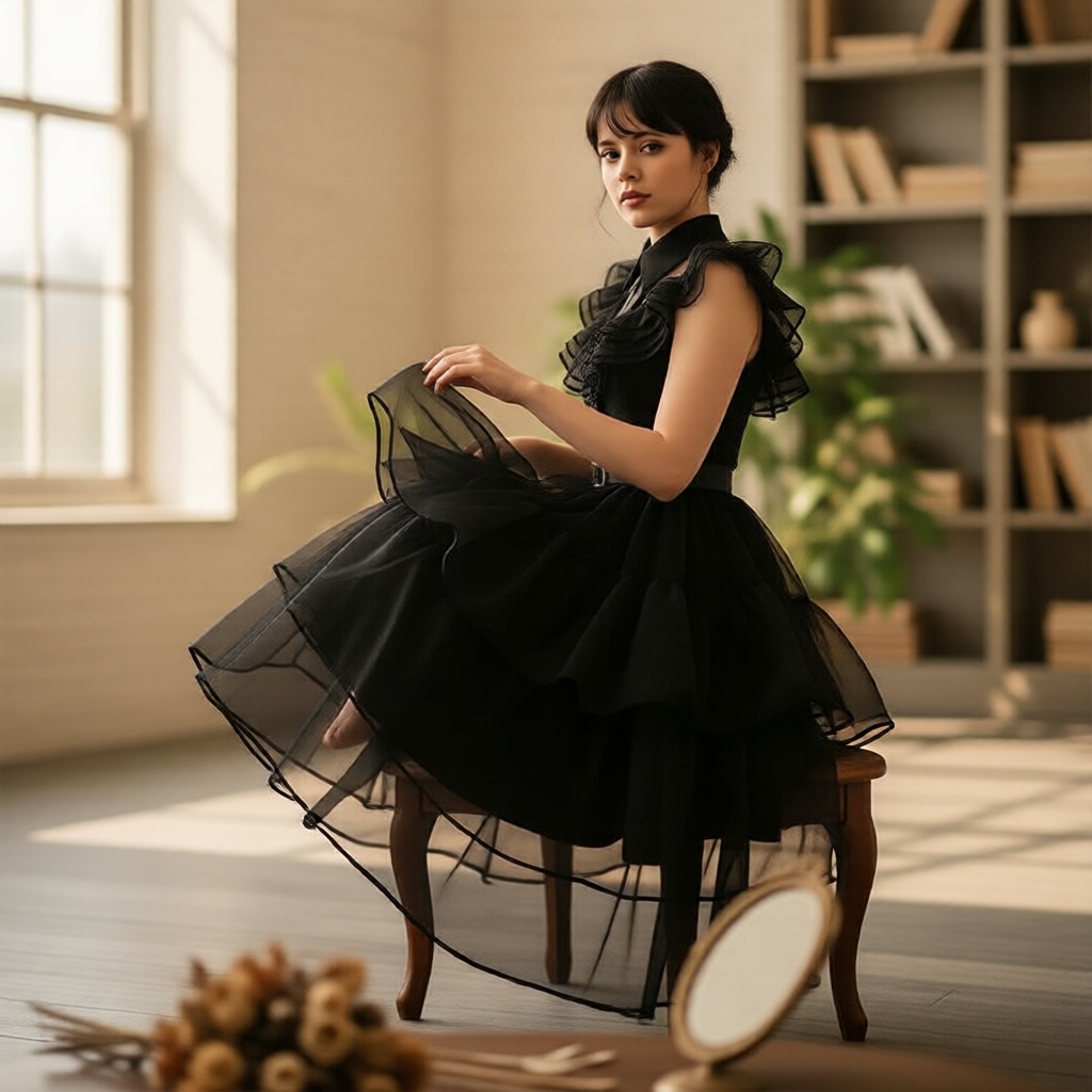 ชุดเดรสตาข่าย Wednesday Addams คอสเพลย์สไตล์โกธิคสําหรับเด็กผู้หญิง ผู้ใหญ่ และเด็ก เหมาะสําหรับการเ