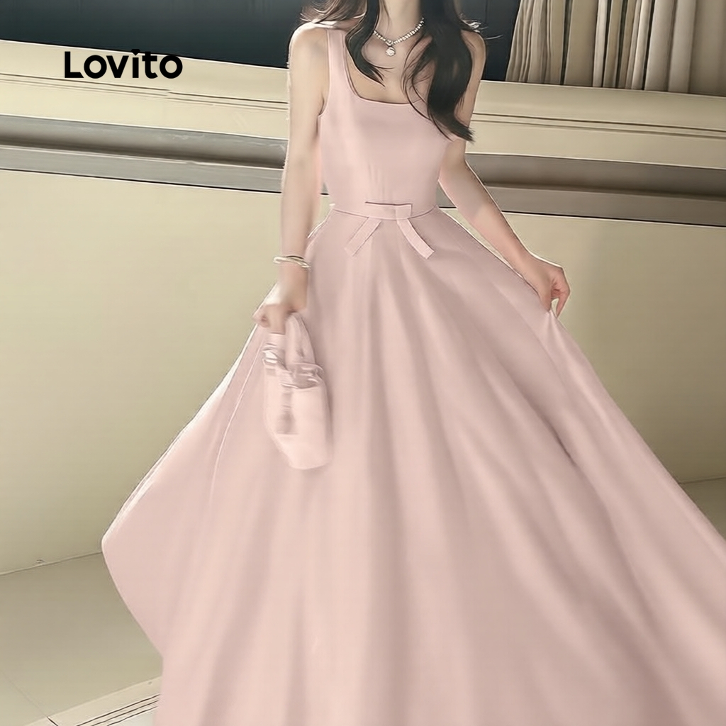 (สง่างาม) Lovito เดรสลําลอง โบว์หน้า สีชมพู สําหรับผู้หญิง ฤดูใบไม้ผลิ/ฤดูร้อน เกาหลี อินเทรนด์ L179AD044