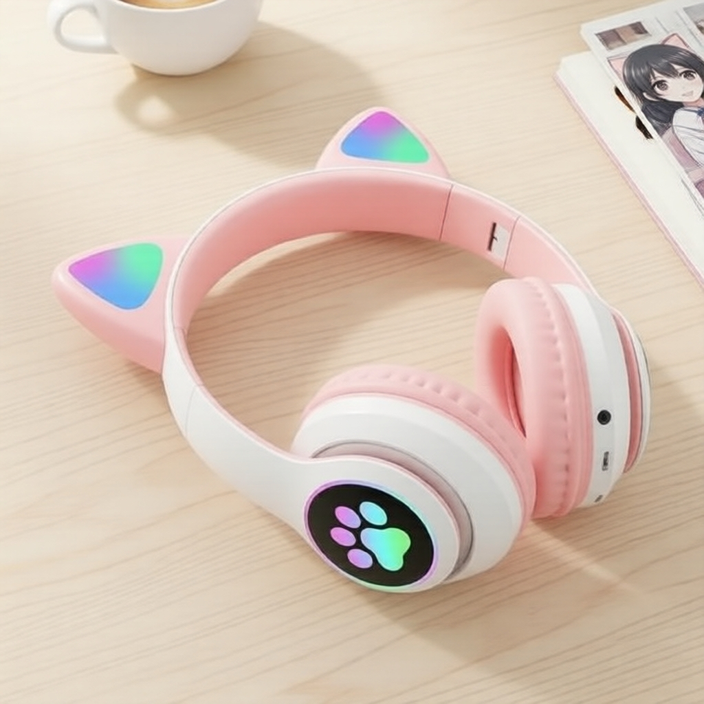 หูฟังไร้สาย SNT28 รูปหูแมว พร้อมไฟ RGB และบลูทูธ แบบคล้องคอ สําหรับเล่นเกม