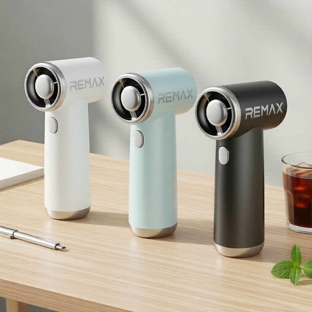 พัดลมเทอร์โบมือถือ REMAX 30,000 รอบต่อนาที, ลมแรง 11 เมตร/วินาที, แบตเตอรี่ 2,500mAh, ชาร์จ 5V 2A, ม