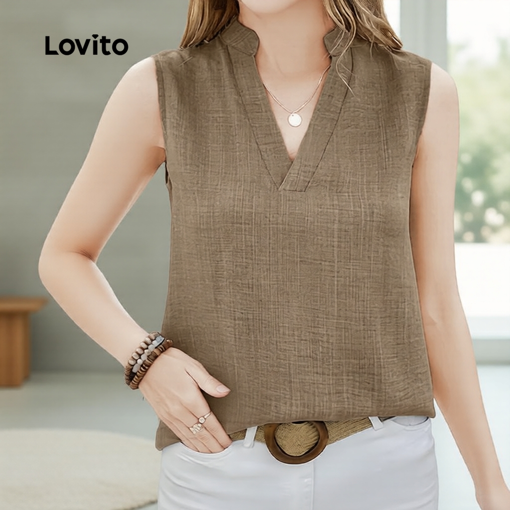 Lovito เสื้อเชิ้ตผู้หญิงสไตล์ลําลอง สําหรับฤดูใบไม้ผลิ/ฤดูร้อน สีคากี L154ED445