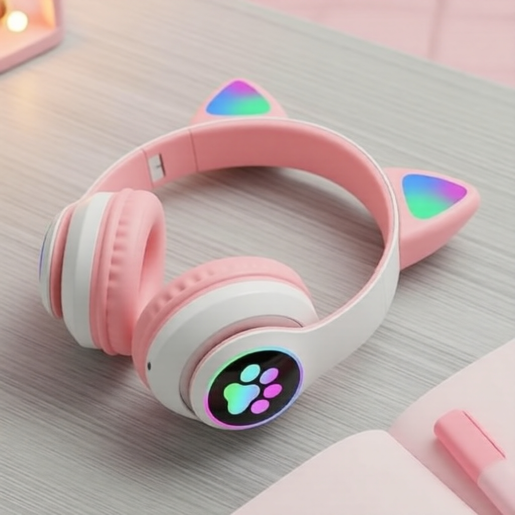 หูฟังบลูทูธไร้สายแบบคาดคอ SNT28 มีไฟ LED รูปหูแมว เหมาะสําหรับเล่นเกม