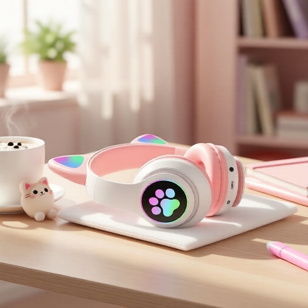 SNT28 หูฟังไร้สายแบบครอบคอมีหูแมวสุดน่ารัก, สเตอริโอไร้สายบลูทูธ 28, ไฟกระพริบหูฟัง