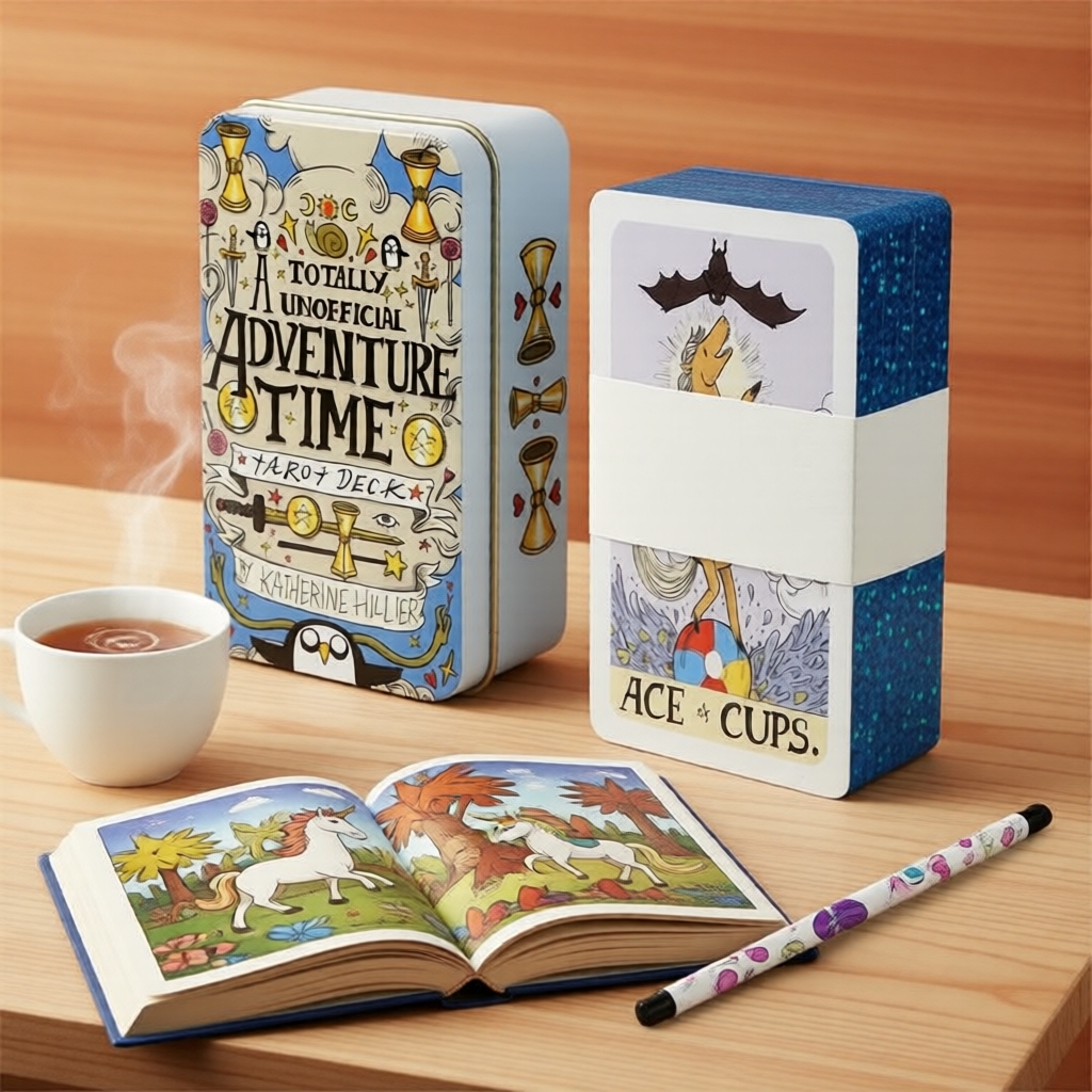 การ์ดเทอร์โรว์ Adventure Time เคลือบทองในกระป๋องเก็บสํารับไพ่ สําหรับมือใหม่ทํานายโชคชะตา