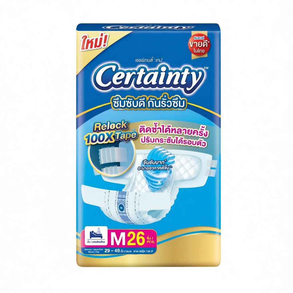 ผ้าอ้อมผู้ใหญ่ Certainty รุ่นใหม่ ขนาด M26 ชิ้น ดูดซึมเร็ว แห้งสบาย ติดซ้ำได้ดีกว่าเดิม