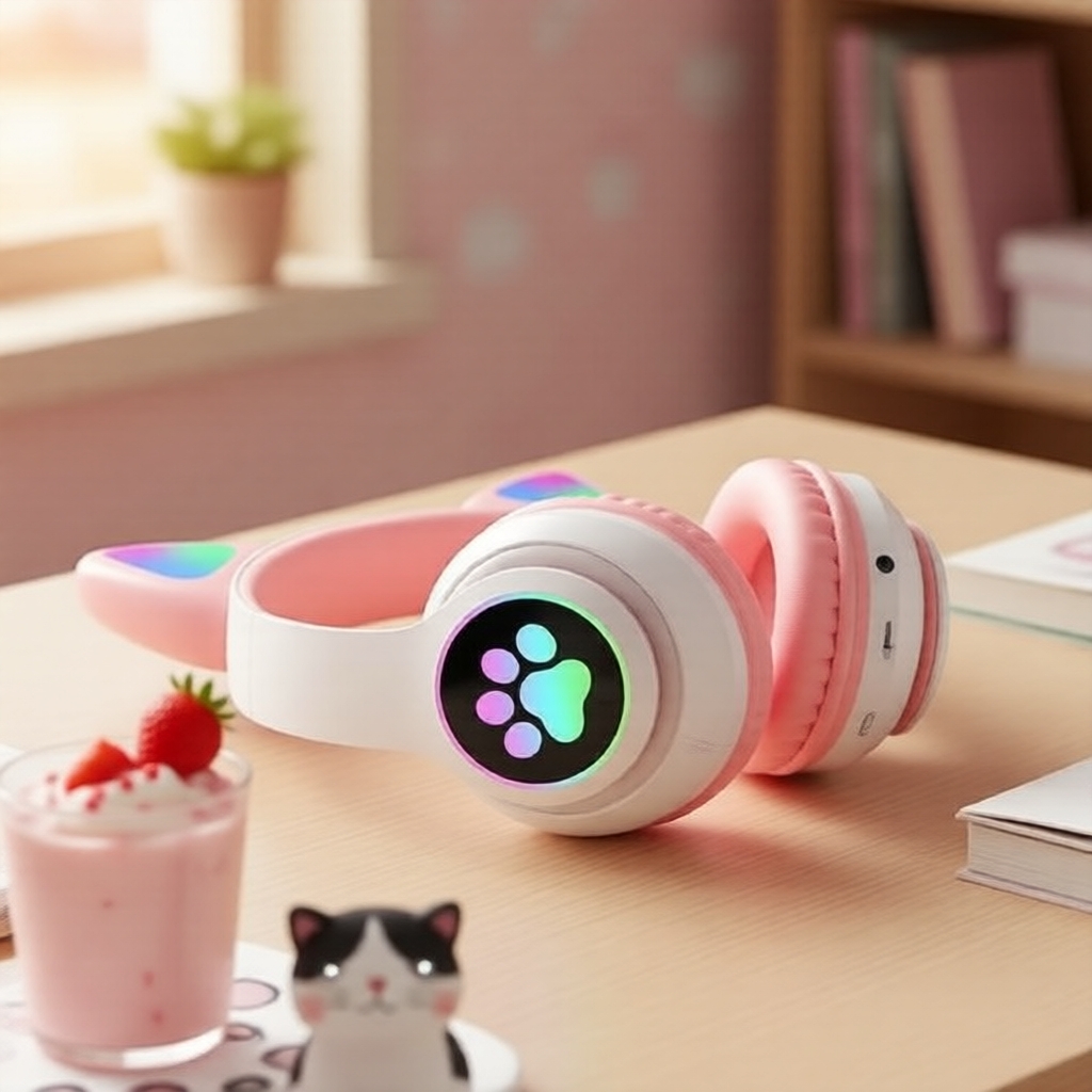 หูฟังบลูทูธ SNT28 แบบคล้องคอ รูปหูแมว LED เปลี่ยนสีได้ เสียงสเตอริโอ