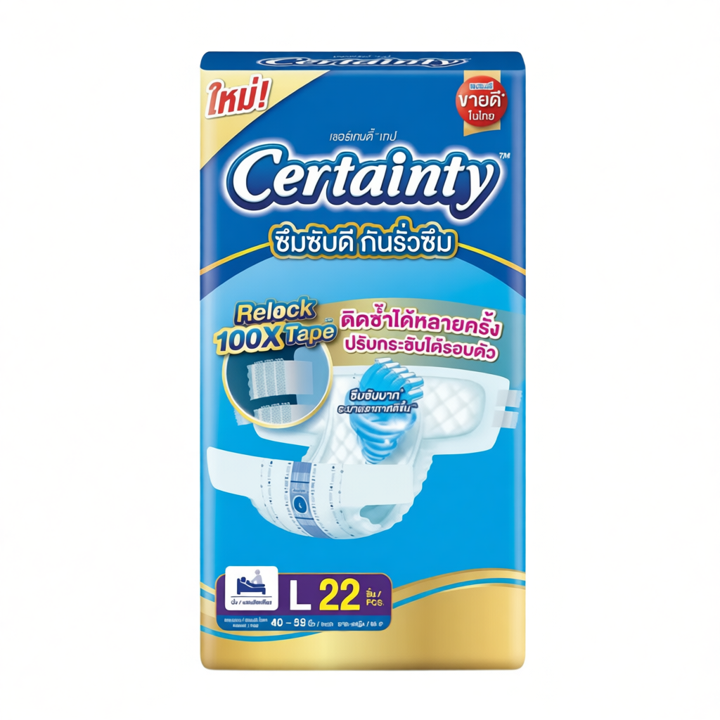 ผ้าอ้อมผู้ใหญ่ Certainty แบบเทป ซึมซับดี แห้งสบาย ไซส์ L 22 ชิ้น รุ่นใหม่