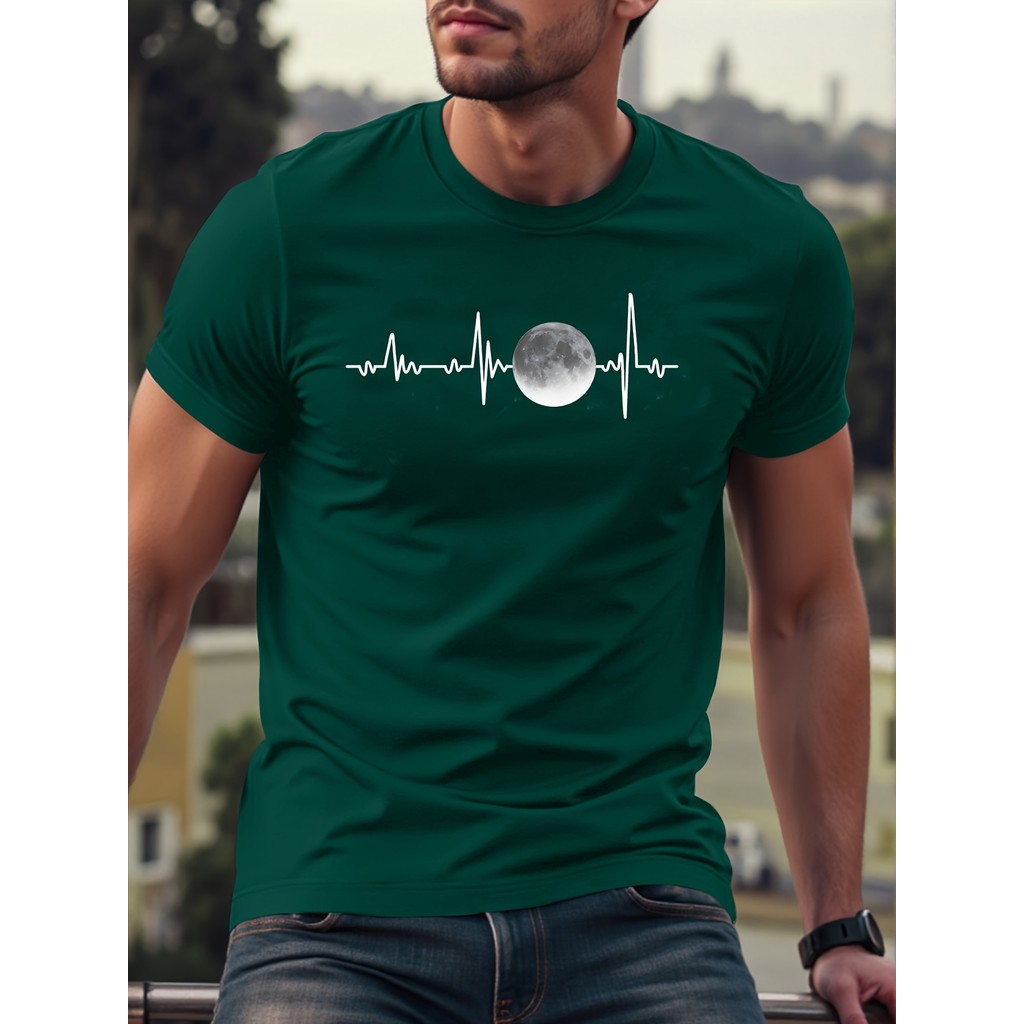 เสื้อยืดผ้าฝ้ายพิมพ์ลาย ECG & Moon สําหรับผู้ชาย - เสื้อยืดคอกลมลําลองระบายอากาศได้สําหรับเครื่องแต่