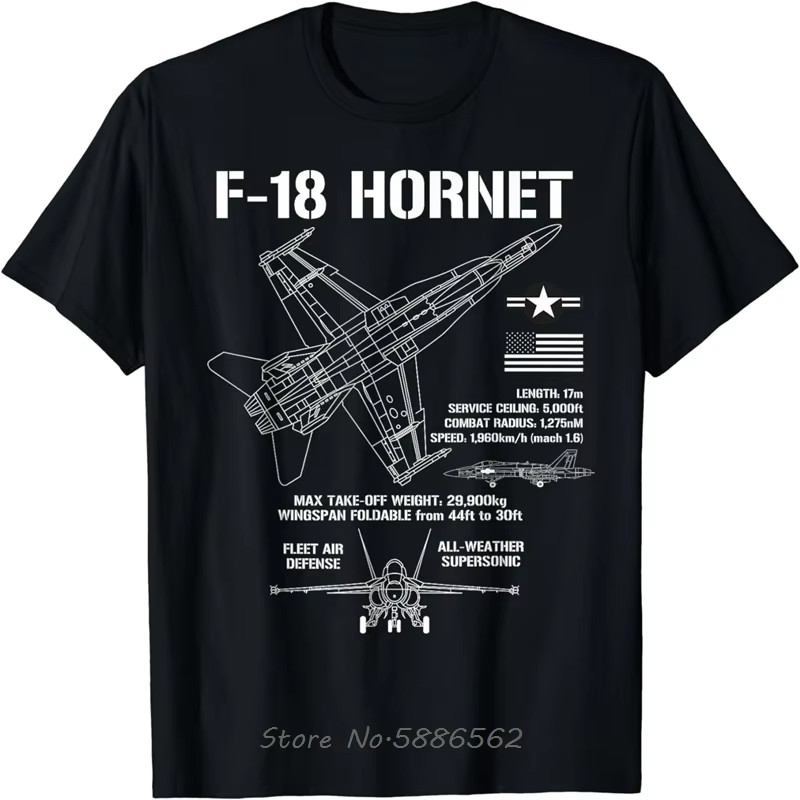 F-18 Hornet Fighter Jet Specs เครื่องบินทหาร F18 เสื้อยืดขนาดใหญ่ Unisex T เสื้อผ้าฝ้ายฟิตเนส Tees เ