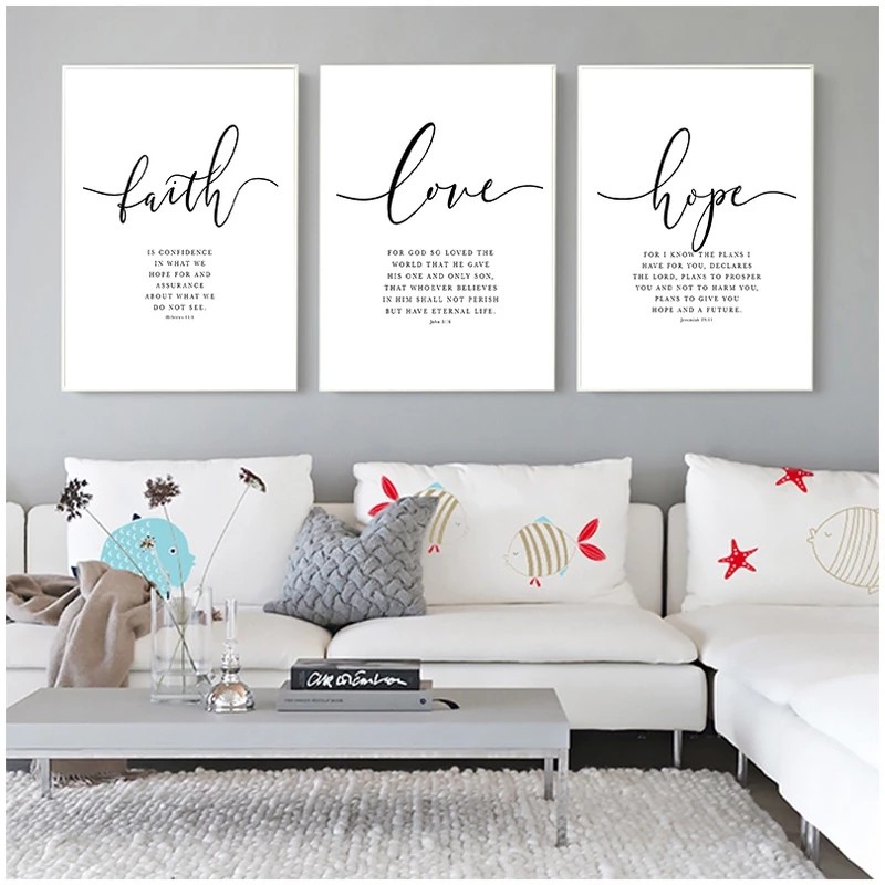 3 pc Bible Verse โปสเตอร์พิมพ์ Faith Hope Love Wall Art Christian คําคมผ้าใบภาพวาดห้องนั่งเล่นโปสเตอ