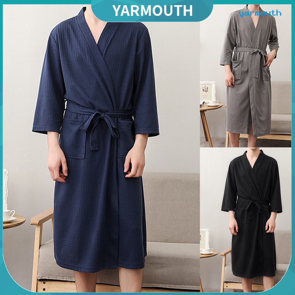 เสื้อคลุมอาบน้ำผู้ชาย สีทึบ V-neck คาร์ดิแกน การดูดซึมน้ำ Oversize ชุดนอนสำหรับบ้าน