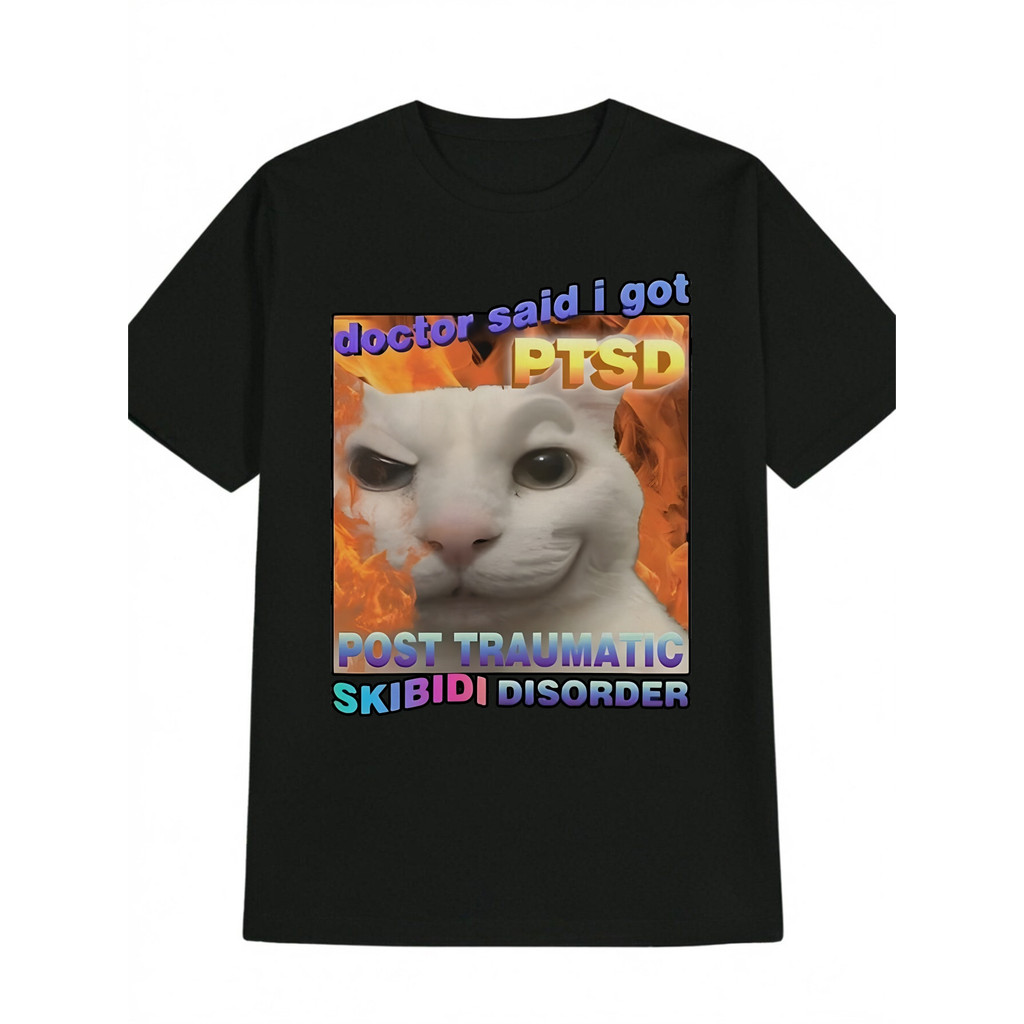 เสื้อยืดกราฟิกลําลองผู้ชาย - "Doctor Said I Got PTSD" พิมพ์แมวตลก, คอลูกเรือ, เสื้อฤดูร้อนน้ําหนักเบ