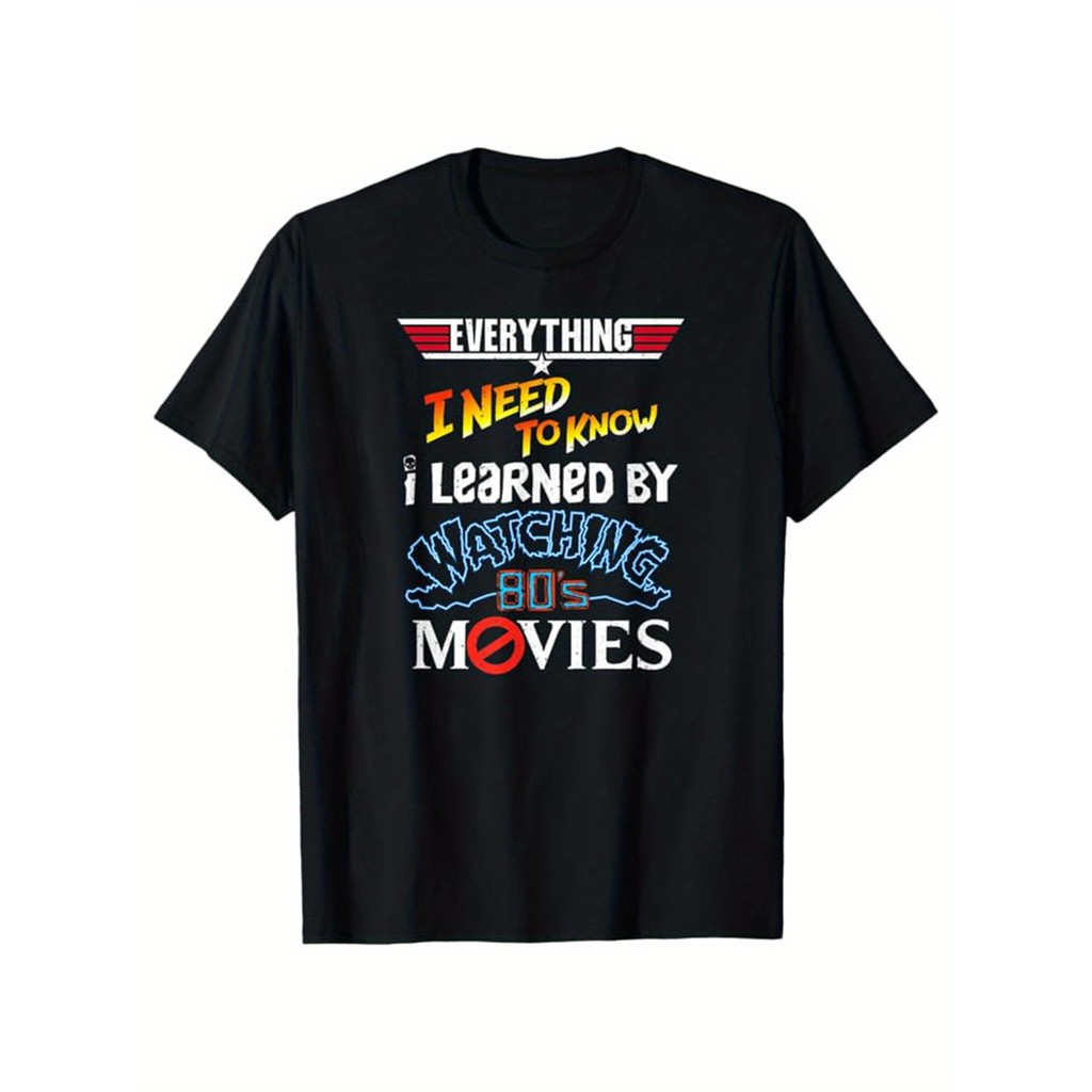 80s Movies Themed เสื้อยืดผ้าฝ้ายผู้ชาย, คอกลม, พอดีปกติ, แขนสั้น, พิมพ์เรขาคณิต, ชุดลําลองทุกฤดูกาล