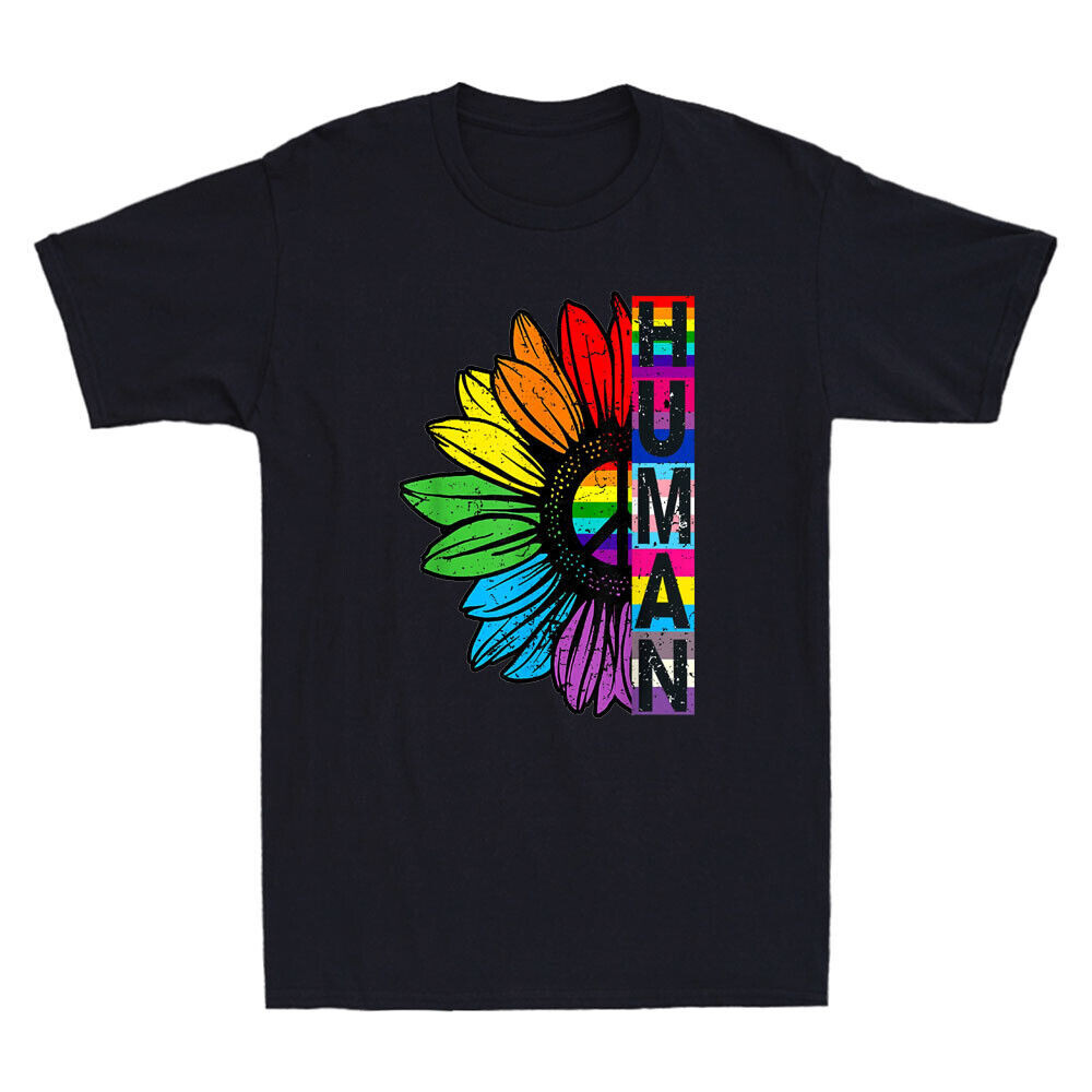 HUMAN Sunflower LGBT Flag Gay Pride เดือน LGBTQ ตลกเสื้อยืดวินเทจสีดํา