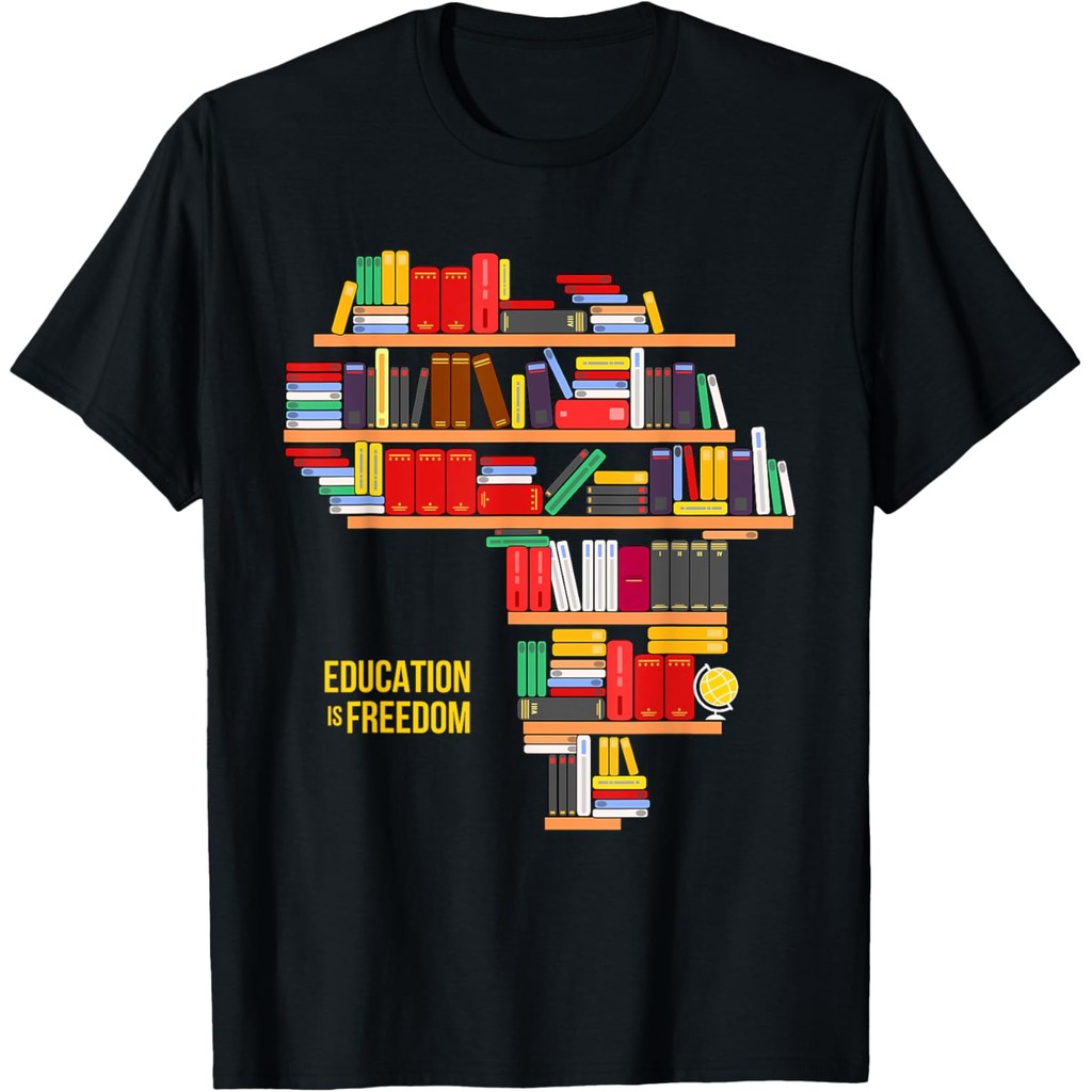 เสื้อยืดผ้าฝ้ายผู้ชาย Africa Education Is Freedom Library Book เสื้อยืดเสื้อยืด 4XL , 5XL , 6XL