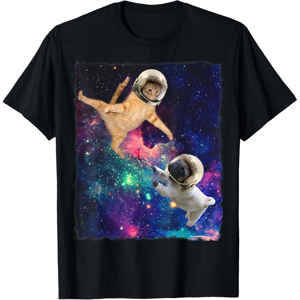 Cute Space Cat Vs Pug Galaxy Epic Fight In Outer Space เสื้อยืด