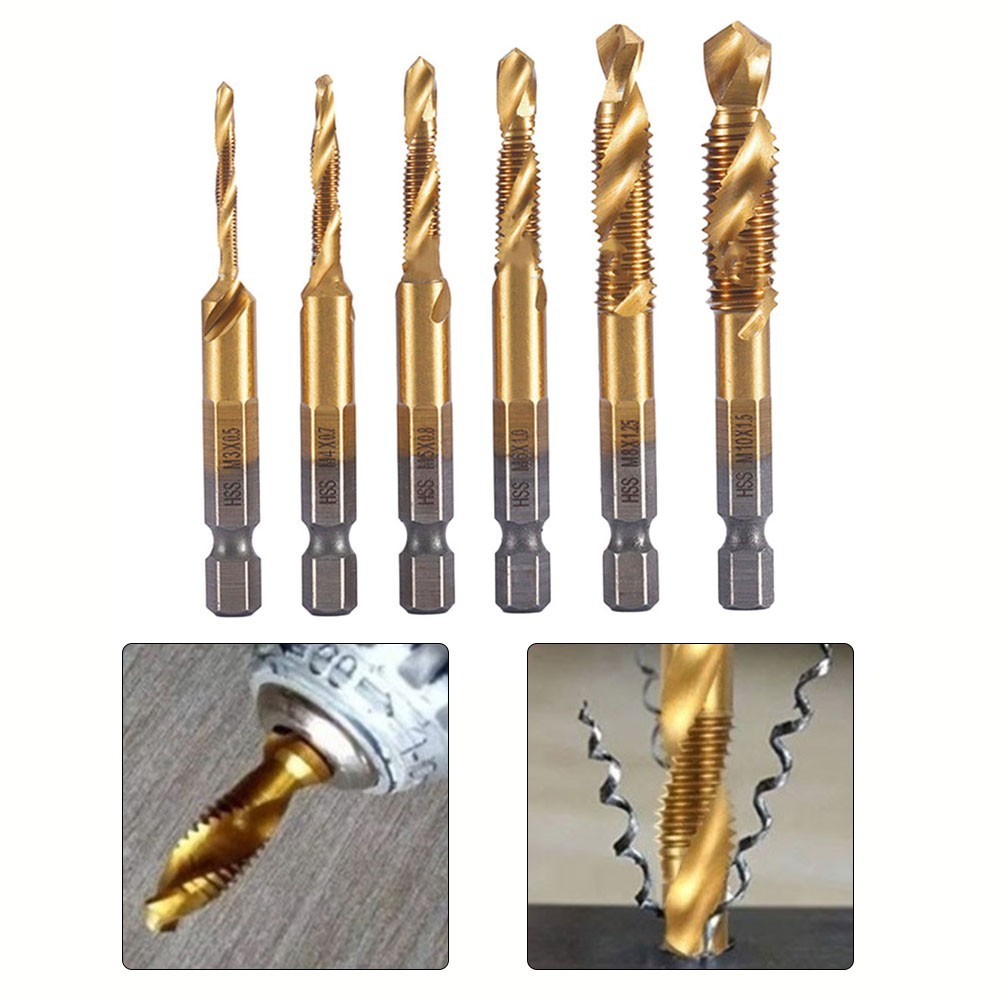 [Cra-H] 1PC ไทเทเนียมชุบ Hex Shank HSS สกรูเกลียวเมตริกแตะเจาะ Compound tap❀