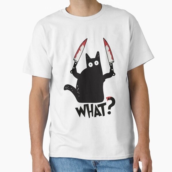แมวอะไร? Black Cat With Knife Classic T-Shir T-Shirt เสื้อผ้าผู้ชายใหม่ที่โดดเด่น O-neck