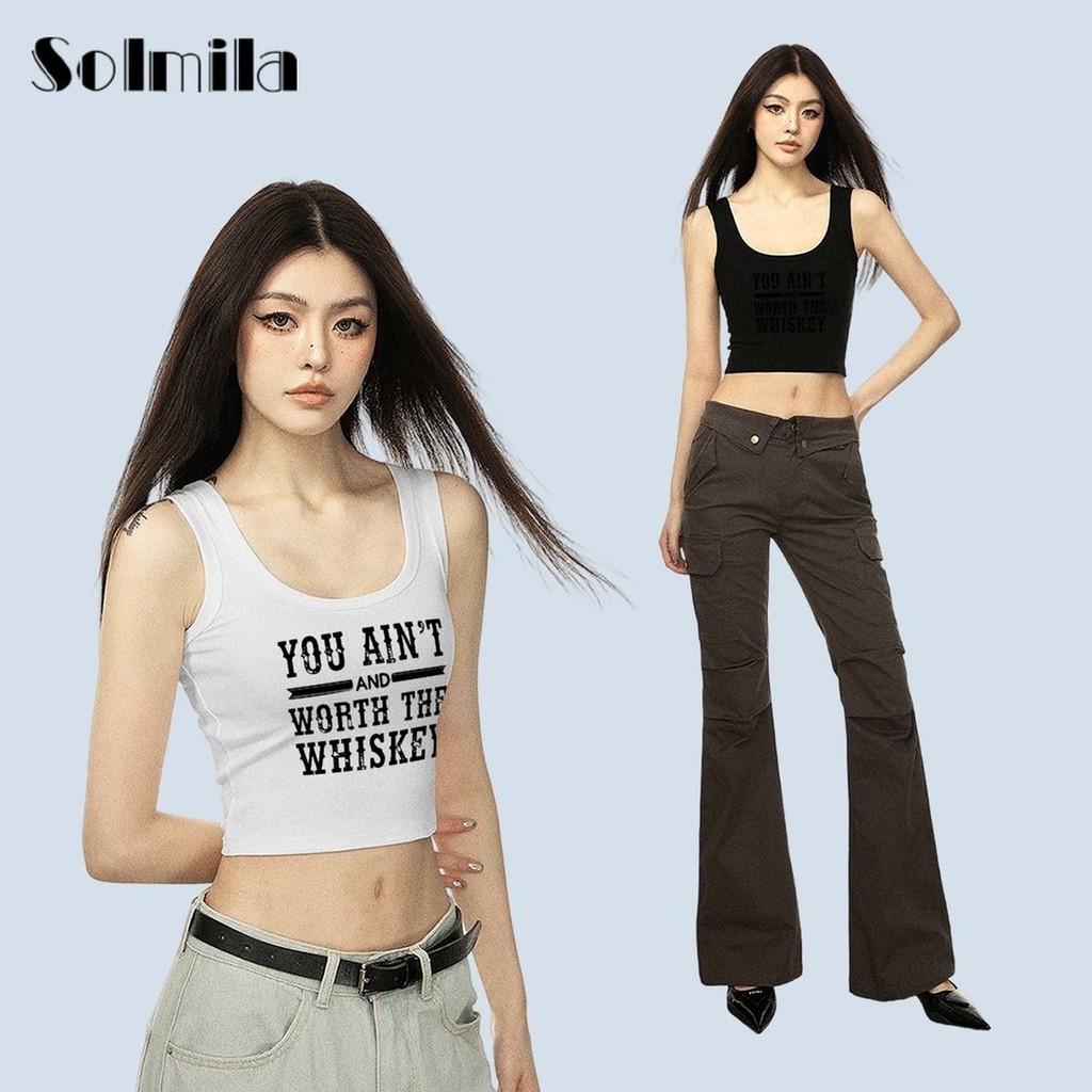 [LFT] เสื้อกล้ามฤดูร้อนสำหรับผู้หญิง พิมพ์ลายตัวอักษร สลิมฟิต คอลูกเรือ แขนกุด