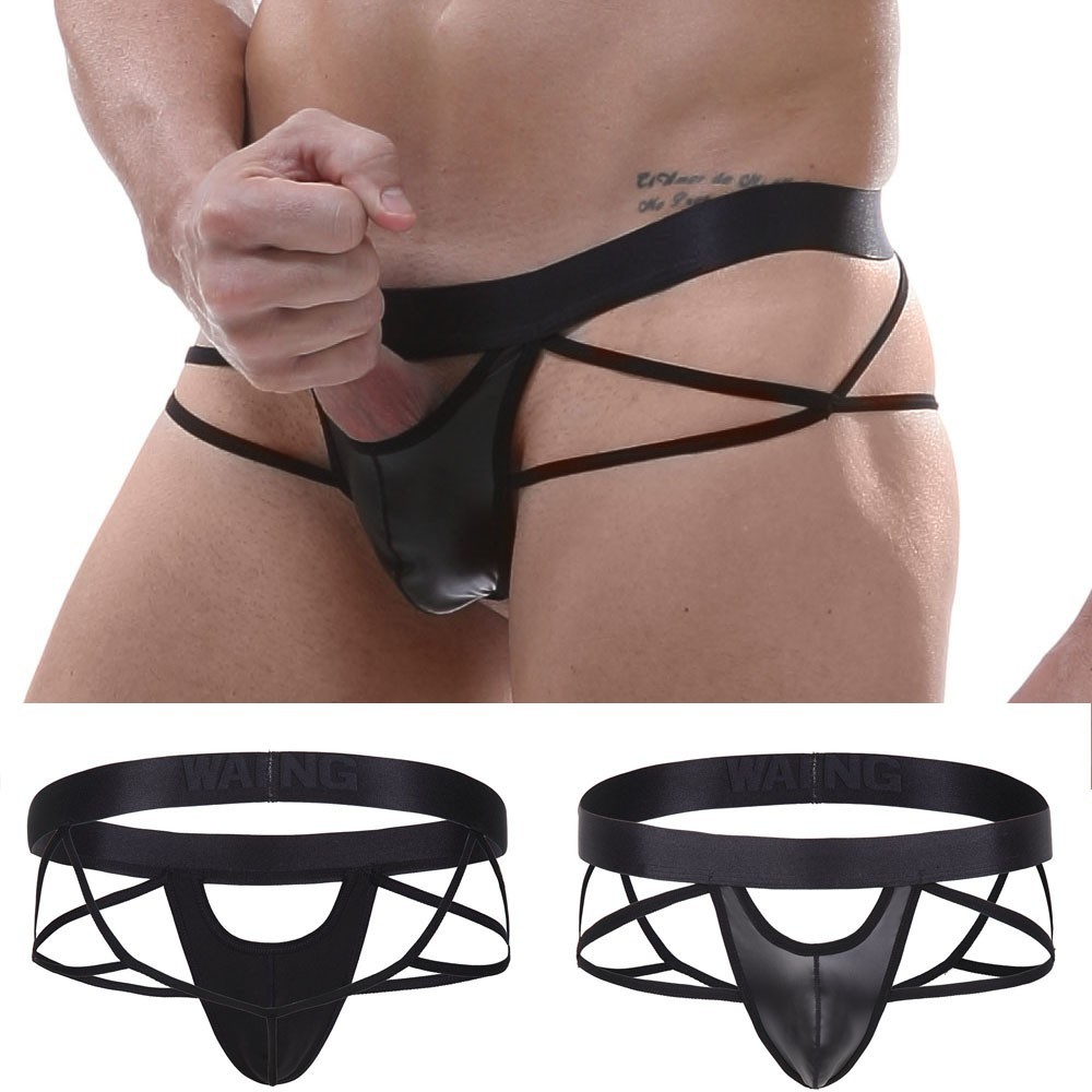 [BETL] ชุดชั้นในผู้ชายเซ็กซี่ ตาข่ายหนัง Faux Jockstrap กางเกงจีสตริงทอง