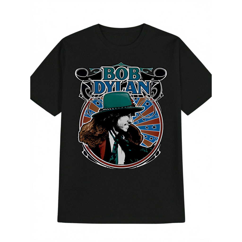Mens Bob Dylan Graphic Tee - เสื้อยืดลําลองสีดําพิมพ์ลาย Vibrant Dylan Portrait