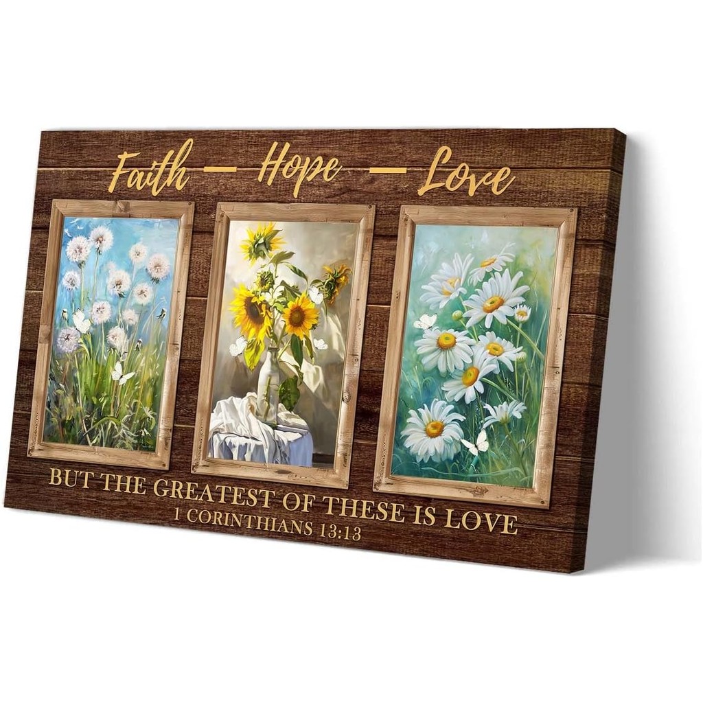 Faith Hope Love Wall Decor ดอกไม้พิมพ์กรอบ 1 Corinthians 13 13 คําคมพระคัมภีร์ดอกไม้ Wall Art Home D