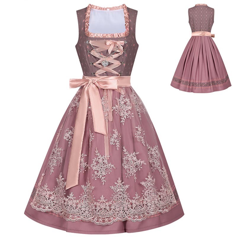 Oktoberfest เครื่องแต่งกายผู้หญิง Dirndl ชุดเดรสเย็บปักถักร้อยดอกไม้หรูหราสายชุดแม่บ้าน