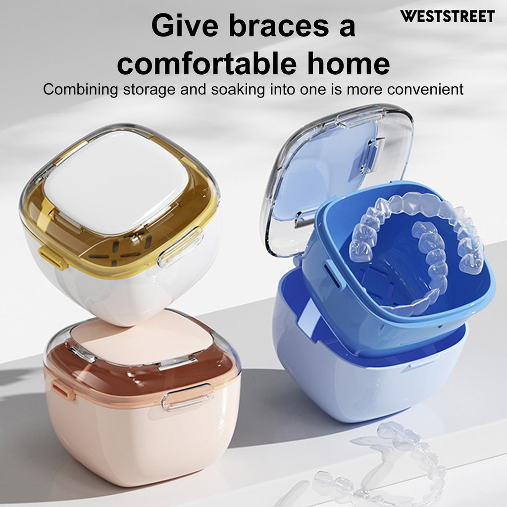Weststreet ที่ใส่ฟันปลอมสองชั้นกล่องเก็บรั้ง BPA ฟรีขนาดกะทัดรัดแบบพกพาระบายน้ําชั้นแบบพกพาฟันปลอมกรณี