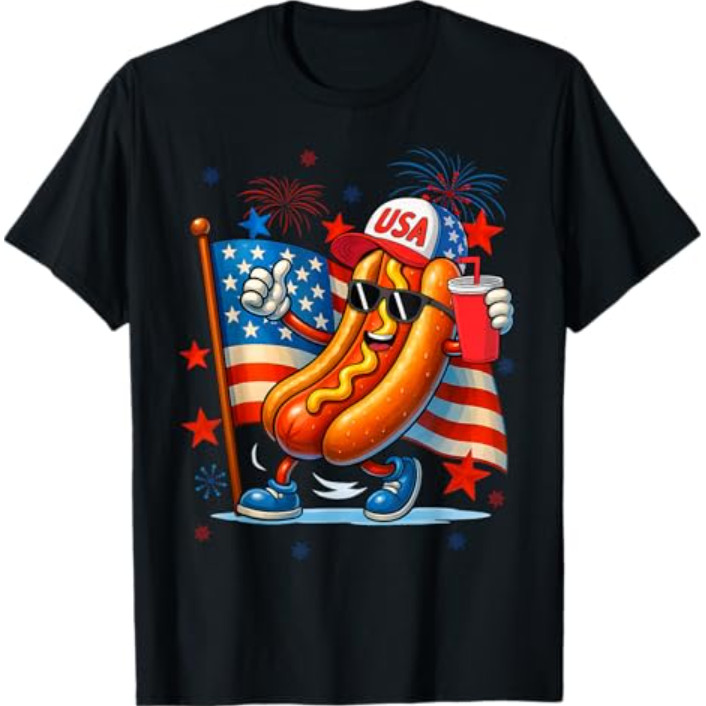 4Th Of July Hotdog Flag Patriotic Fireworks เสื้อยืดตลก