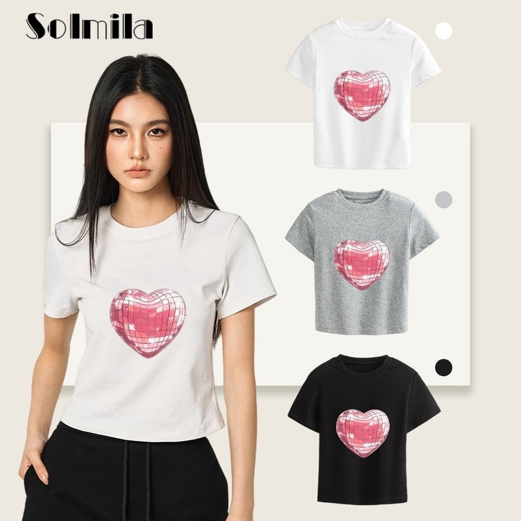 [LFT] ผู้หญิงฤดูร้อน Slim Retro 3d Heart พิมพ์รอบคอแขนสั้นเสื้อยืด