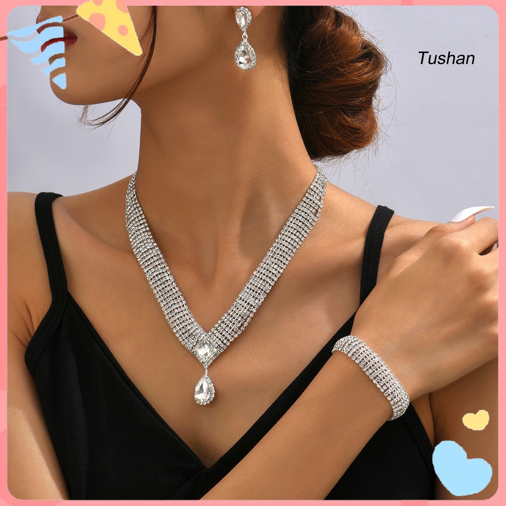 [Ts] 4 ชิ้น/เซ็ตผู้หญิงสร้อยคอชุด High Gloss Dress Up Hypoallergenic Rhinestone Shining Bright Luste