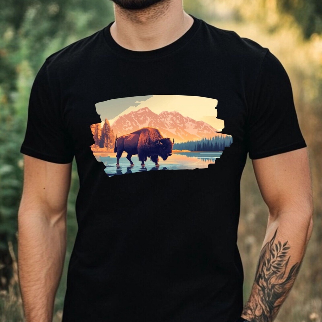 เสื้อยืดผ้าฝ้าย Mens Bison Motif ไซส์ Xs ถึง 3Xl-Fw6Er5T