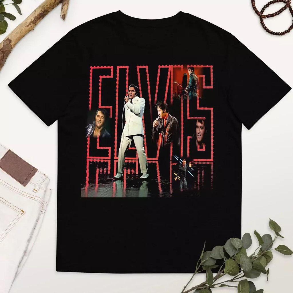 Elvis Presley The King เสื้อยืดผ้าฝ้ายสําหรับผู้ชายสีธรรมชาติ