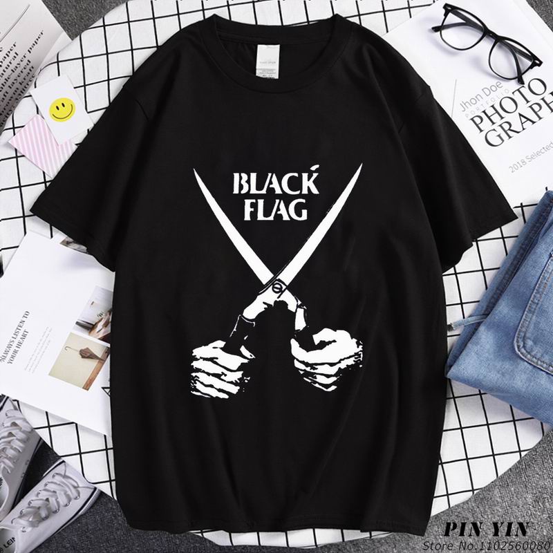 ธงสีดํา Punk Rock Band พิมพ์ Tshirt สําหรับผู้ชายกรรไกรผ้าฝ้ายสีดํา T Y2K Streetwear