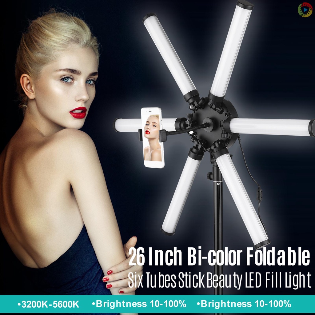 ไฟถ่ายภาพ 26 นิ้ว 54W พับ 6 หลอด Stick Beauty Light 3200K-5600K Bi-สี LED เติมแสง CRI 90 + พร้อมที่ว