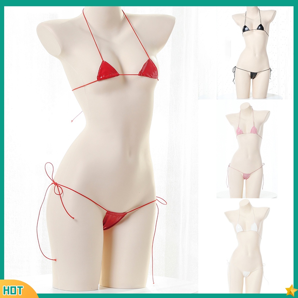 GARE สตรีเซ็กซี่ชุดชั้นในบิกินี่ Bra G-string เปียกดูสิทธิบัตรหนัง Halter Lace-up