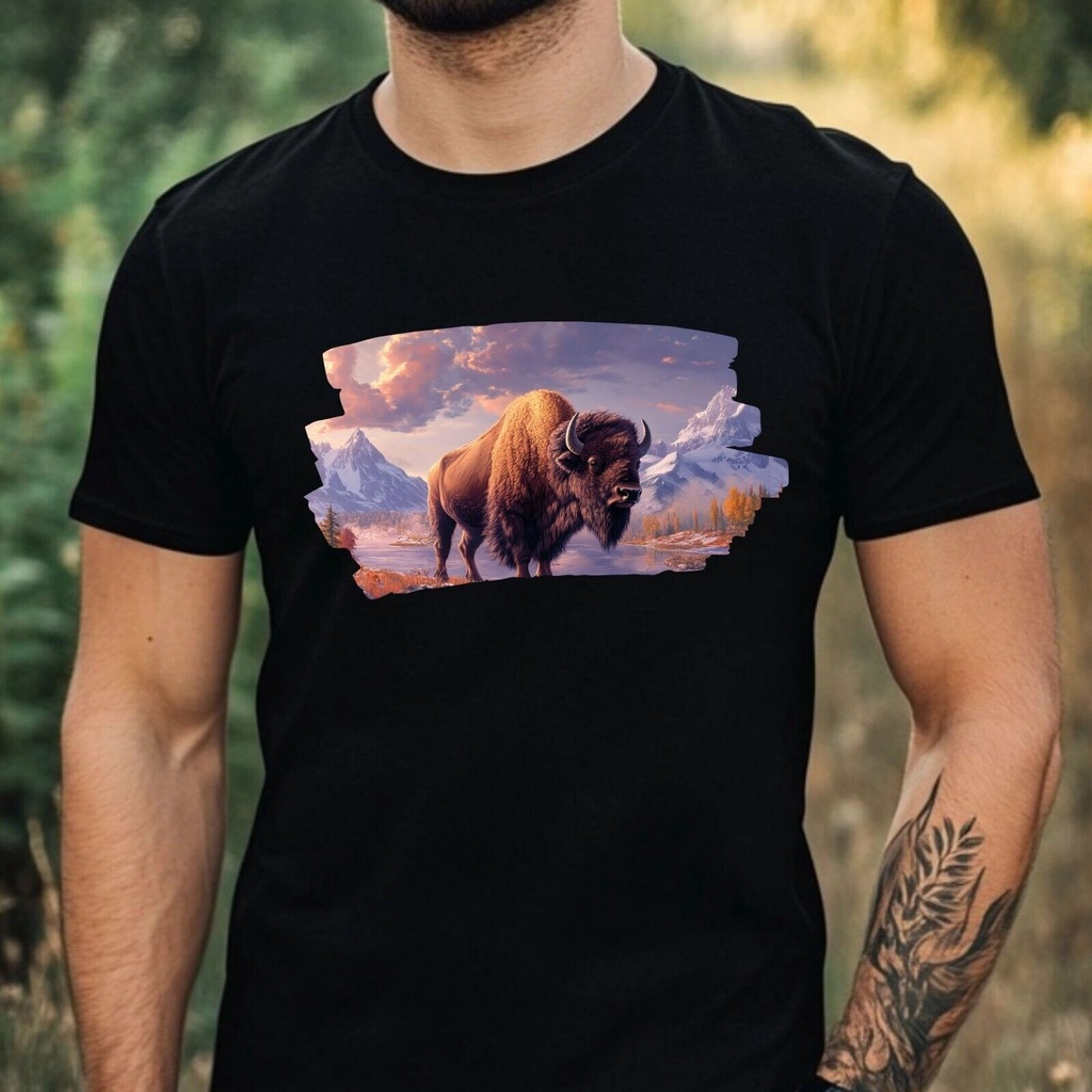 เสื้อยืดผ้าฝ้าย Mens Bison Motif ไซส์ Xs ถึง 3Xl-Fw6Er4T