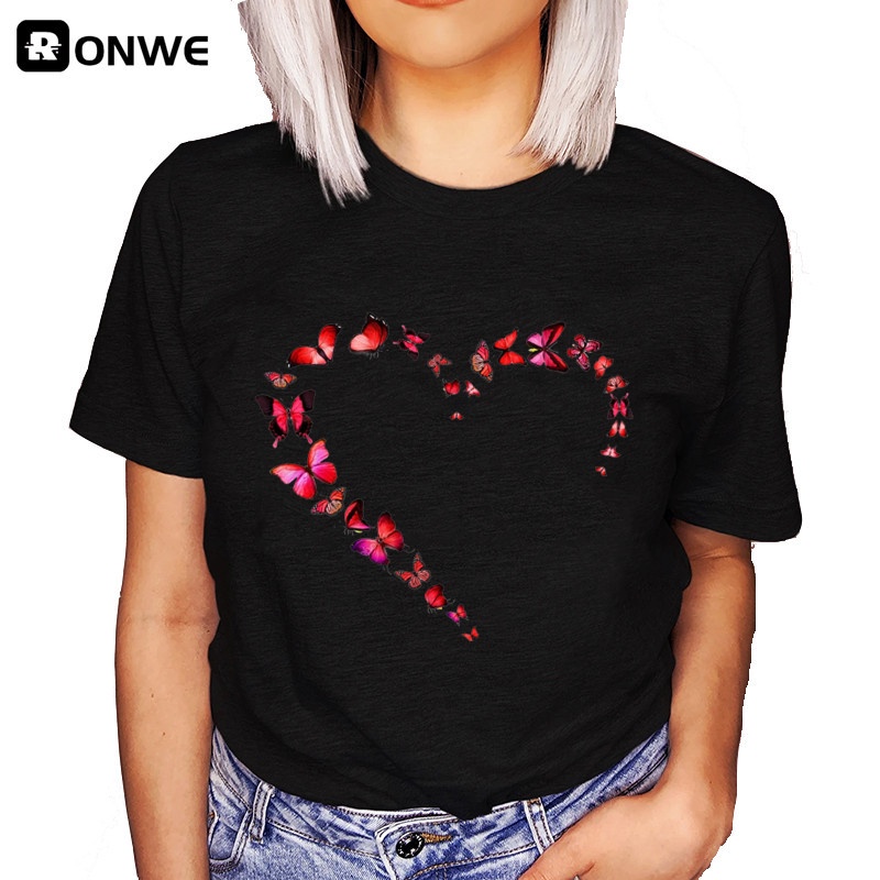 Butterfly Love Heart 90S เสื้อยืดสีดํา Harajuku 90S เสื้อผ้าสีขาว Graphicdrop Ship ผ้าฝ้าย