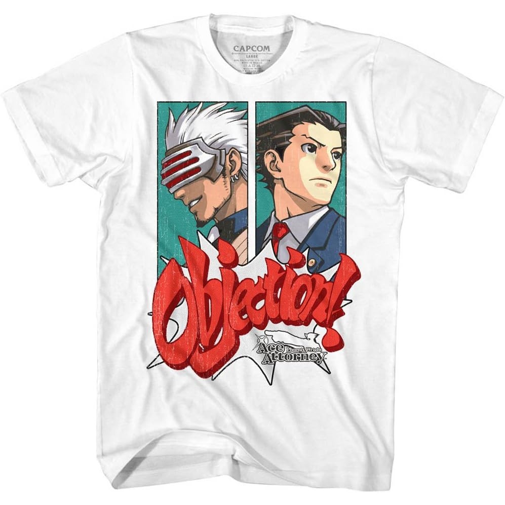 เสื้อยืดผ้าฝ้ายผู้ชาย Ace Attorney เสื้อยืด Phoenix Wright Objection White Tee 4XL , 5XL , 6XL