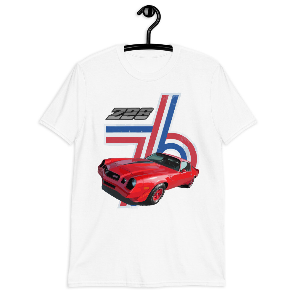 Retro Chevy Camaro Z28 1976 สกรีนลายบนเสื้อยืดแขนสั้น Unisex ของขวัญสำหรับคนชอบรถคลาสสิก