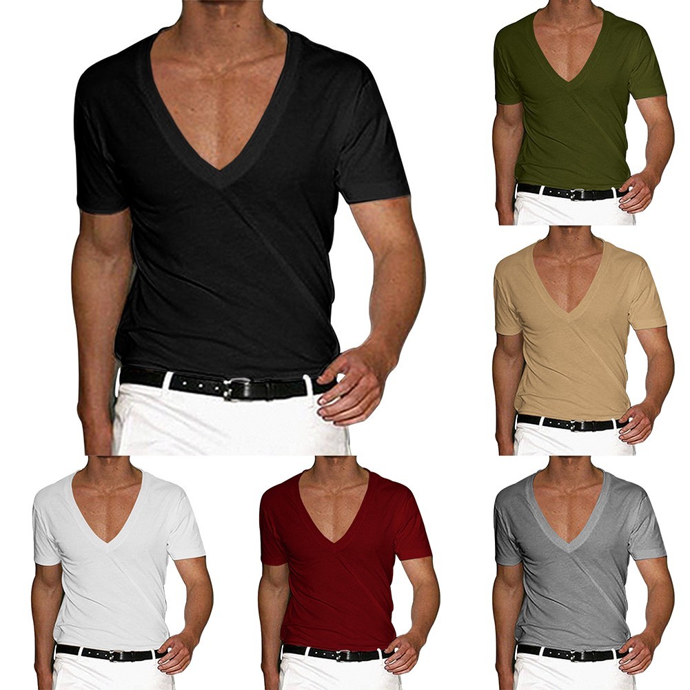 [BEM] เสื้อยืดแขนสั้นบุรุษคอ V ลึกยิมกล้ามเนื้อฟิตเนสเพาะกาย Tee Tops